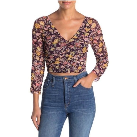 NWT FREE PRESS Floral Mesh Ruched Crop Top - XS - Picture 1 of 3